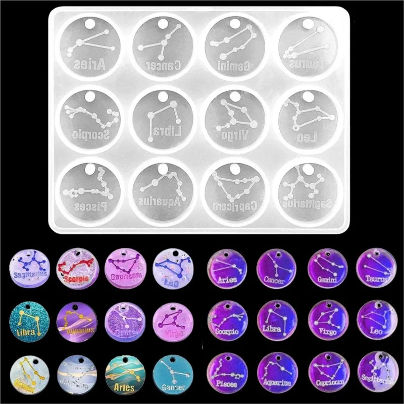 Jewelry Making Mold - 12-Sternzeichen-Sternbild-Harzformen, runder Stern, Sternzeichen, Epoxid-Silikongussform für